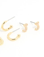 Gold Plated Cubic Zirconia Letter J Stud & Hoop Earrings 4-Pack