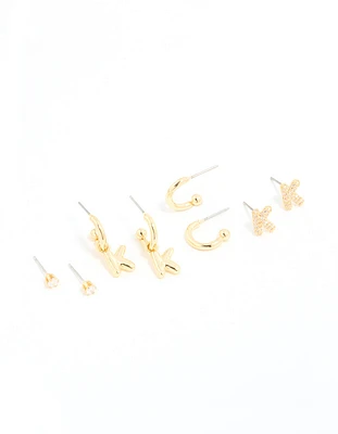 Gold Plated Cubic Zirconia Letter K Stud & Hoop Earrings 4-Pack