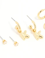 Gold Plated Cubic Zirconia Letter K Stud & Hoop Earrings 4-Pack
