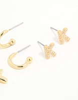 Gold Plated Cubic Zirconia Letter K Stud & Hoop Earrings 4-Pack