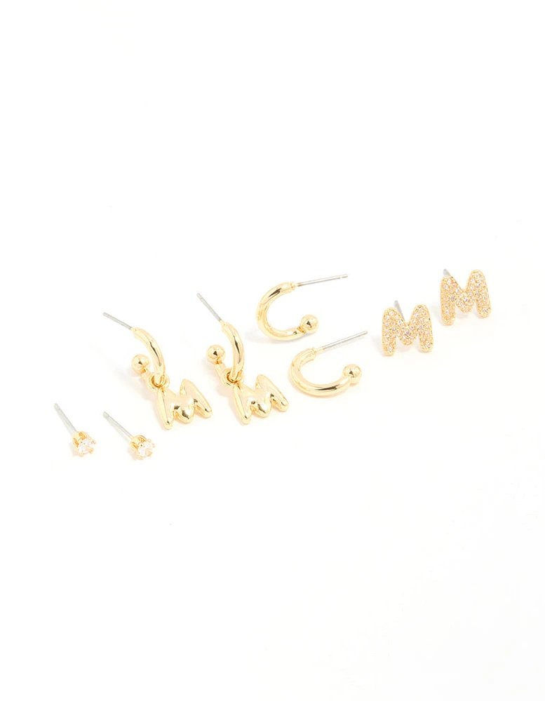 Gold Plated Cubic Zirconia Letter M Stud & Hoop Earrings 4-Pack