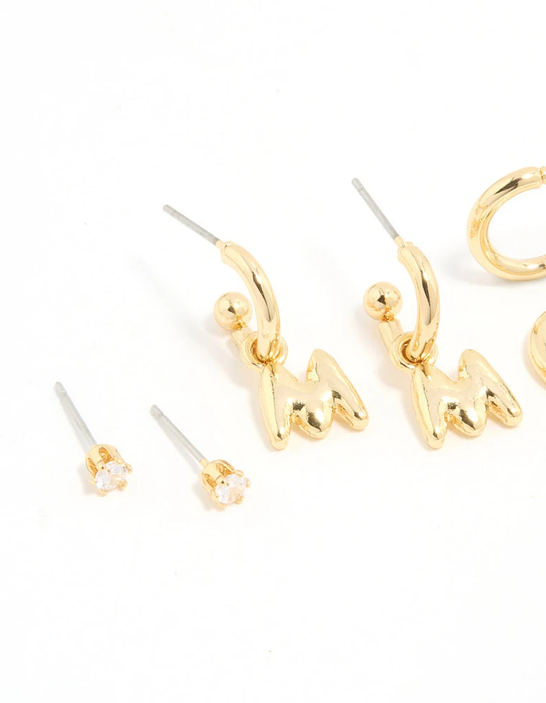 Gold Plated Cubic Zirconia Letter M Stud & Hoop Earrings 4-Pack