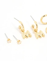 Gold Plated Cubic Zirconia Letter M Stud & Hoop Earrings 4-Pack