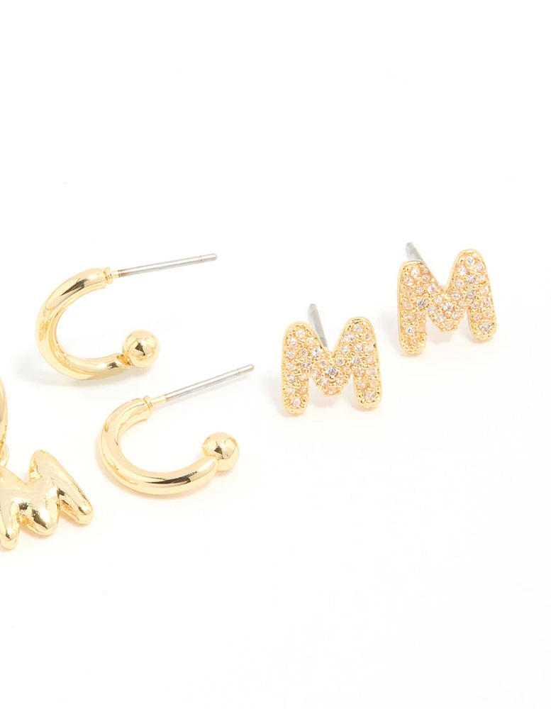 Gold Plated Cubic Zirconia Letter M Stud & Hoop Earrings 4-Pack