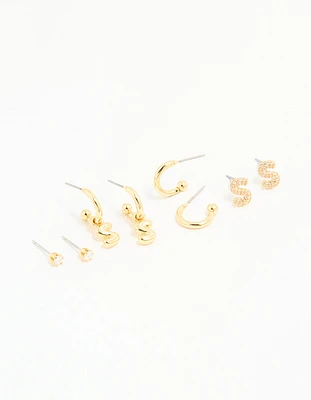 Gold Plated Cubic Zirconia Letter S Stud & Hoop Earrings 4-Pack