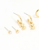 Gold Plated Cubic Zirconia Letter S Stud & Hoop Earrings 4-Pack