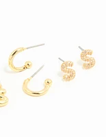 Gold Plated Cubic Zirconia Letter S Stud & Hoop Earrings 4-Pack
