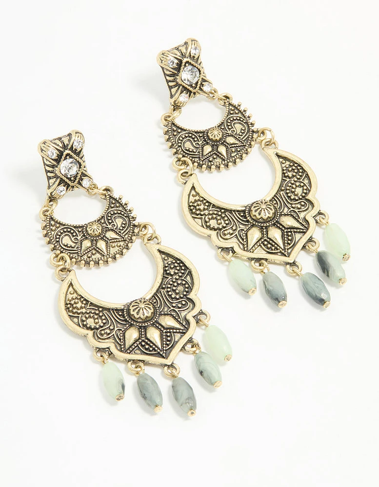 Antique Gold Beaded Textured Drop Earrings
