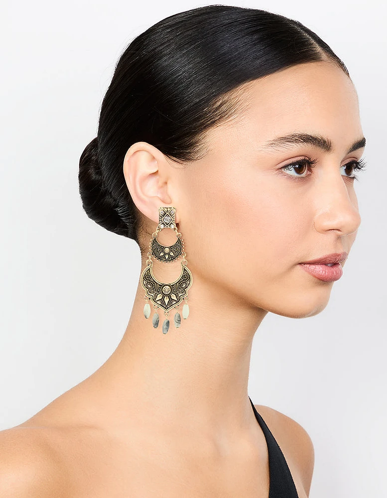 Antique Gold Beaded Textured Drop Earrings