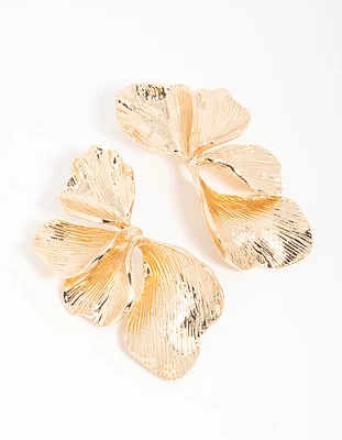 Gold Etched Large Leaf Drop Earrings