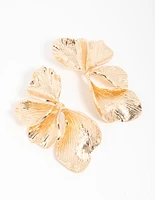 Gold Etched Large Leaf Drop Earrings