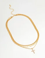 Gold Plated Cross & Chain Layered Necklace