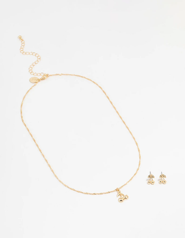 Gold Cherry Necklace & Earrings Set