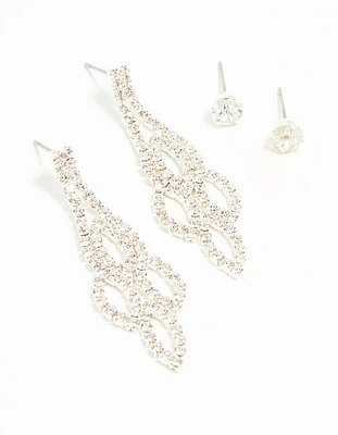 Silver Ornate Diamante Drop & Stud Earrings 2-Pack