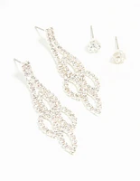 Silver Ornate Diamante Drop & Stud Earrings 2-Pack