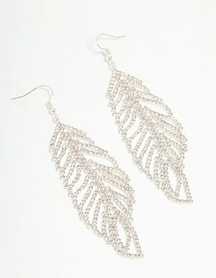 Silver Diamante Leaf Outline Hook Large Drop Earrings