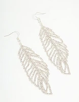 Silver Diamante Leaf Outline Hook Large Drop Earrings