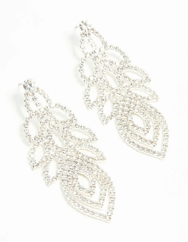 Silver Diamante Large Peacock Feather Drop Earrings