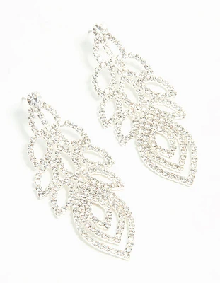 Silver Diamante Large Peacock Feather Drop Earrings