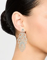 Silver Diamante Large Peacock Feather Drop Earrings