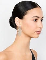 Silver Diamante Large Peacock Feather Drop Earrings