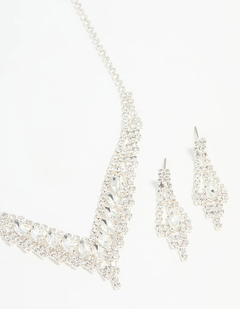 Silver Diamante Marquise Zigzag V Necklace & Earring Set