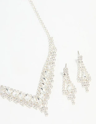Silver Diamante Marquise Zigzag V Necklace & Earring Set