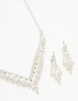 Silver Diamante Marquise Zigzag V Necklace & Earring Set