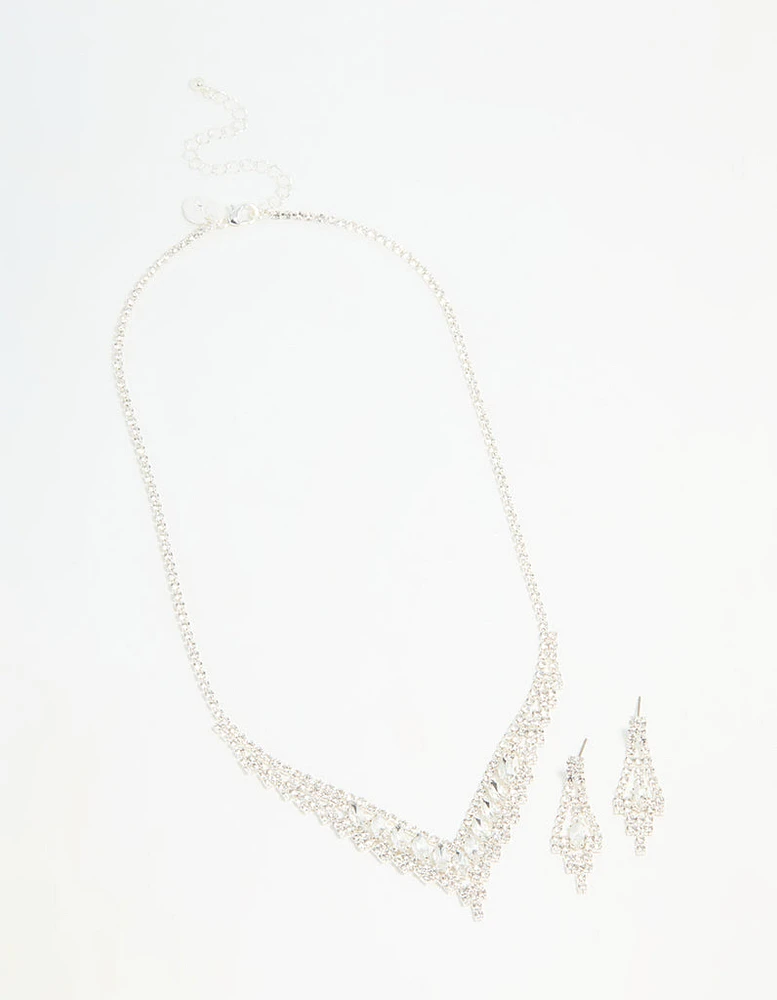 Silver Diamante Marquise Zigzag V Necklace & Earring Set