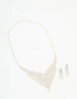 Silver Diamante Cupchain Tassel Vine Necklace & Earrings Set