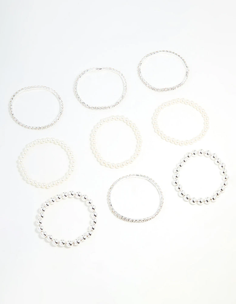 Silver Diamante & Pearl Ball Bracelets 9-Pack