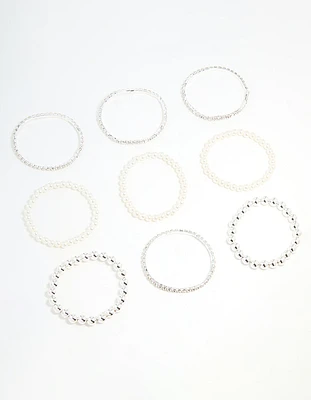 Silver Diamante & Pearl Ball Bracelets 9-Pack