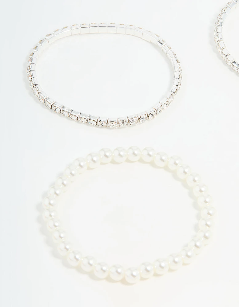 Silver Diamante & Pearl Ball Bracelets 9-Pack