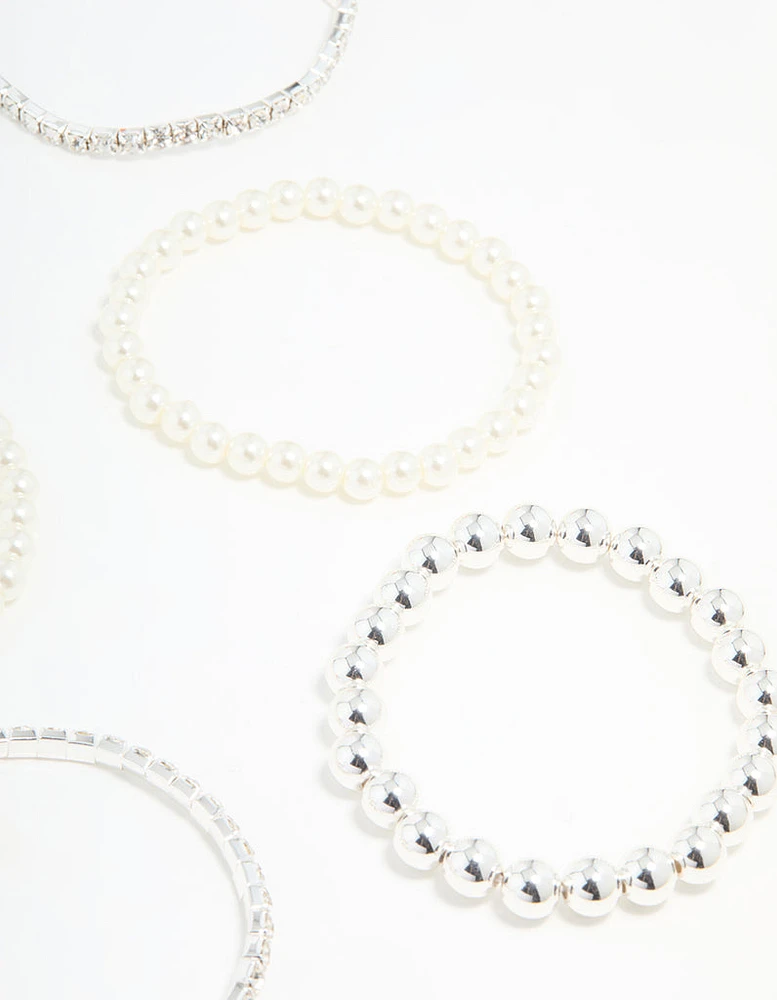 Silver Diamante & Pearl Ball Bracelets 9-Pack