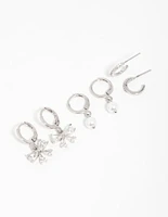 Silver Cubic Zirconia Pearl Bow Huggie Earrings 3-Pack