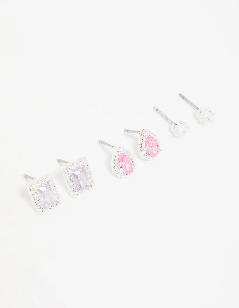 Silver Cubic Zirconia Teardrop & Square Stud Earrings 3-Pack