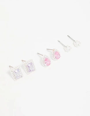 Silver Cubic Zirconia Teardrop & Square Stud Earrings 3-Pack