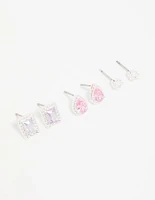 Silver Cubic Zirconia Teardrop & Square Stud Earrings 3-Pack