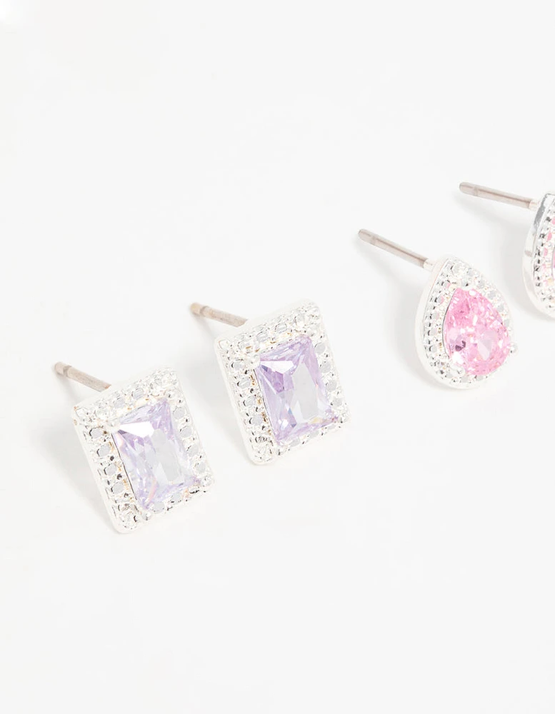 Silver Cubic Zirconia Teardrop & Square Stud Earrings 3-Pack