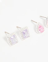 Silver Cubic Zirconia Teardrop & Square Stud Earrings 3-Pack