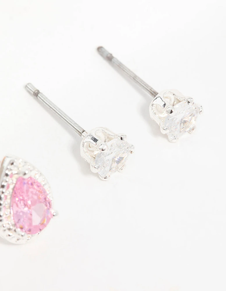 Silver Cubic Zirconia Teardrop & Square Stud Earrings 3-Pack