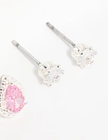 Silver Cubic Zirconia Teardrop & Square Stud Earrings 3-Pack