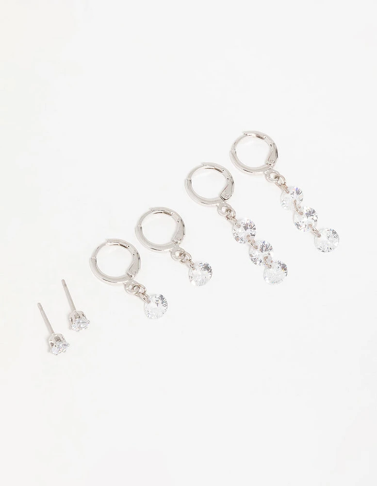 Silver Cubic Zirconia Stud & Huggie Earrings 3-Pack