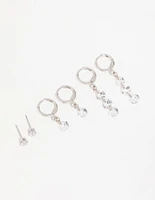 Silver Cubic Zirconia Stud & Huggie Earrings 3-Pack
