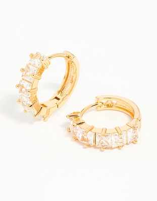 Gold Plated Brass Cubic Zirconia Baguette Medium Huggie Earrings