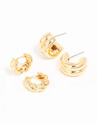 Gold Plated Brass Twist & Ribbed Huggie Earrings 2-Pack
