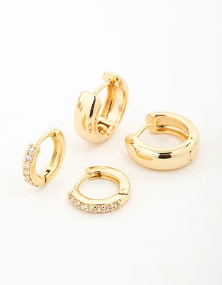Gold Plated Brass Mini Cubic Zirconia & Plain Huggie Earrings 2-Pack