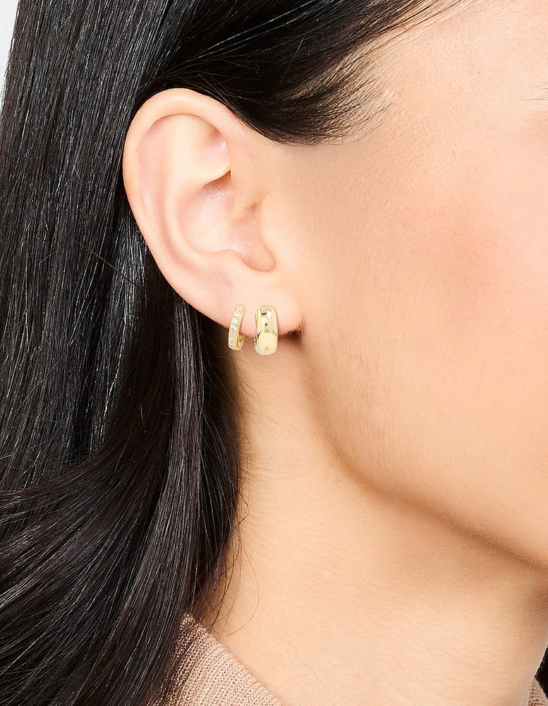 Gold Plated Brass Mini Cubic Zirconia & Plain Huggie Earrings 2-Pack
