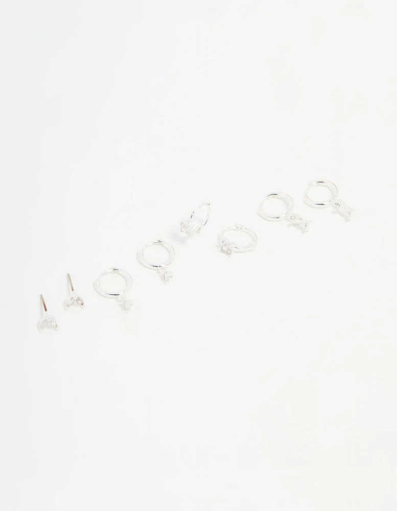 Silver Plated Brass Diamante Baguette Flower Hoop & Stud Earrings 4-Pack