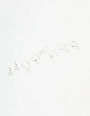 Silver Plated Brass Diamante Baguette Flower Hoop & Stud Earrings 4-Pack
